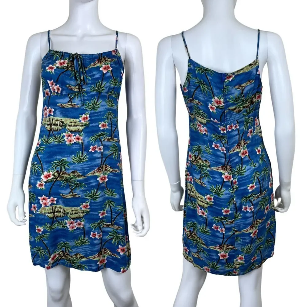 Vintage Women Size M Blue Floral Tropical Hawaiian Novelty Y2K Mini Slip Dress